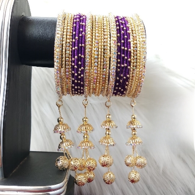 Picture of Gorgeous Stone Metal Jhumka Set Bangles for Women (Golden and Silver) (Imported) M-JS634G - 14 Pieces Set - Bangles for Women - Bangles