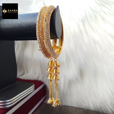Picture of Gorgeous Stone Metal Jhumka Bangles for Women (Golden) (Imported) M-JS630G - 2 Pieces - Bangles for Women - Bangles - চুড়ি