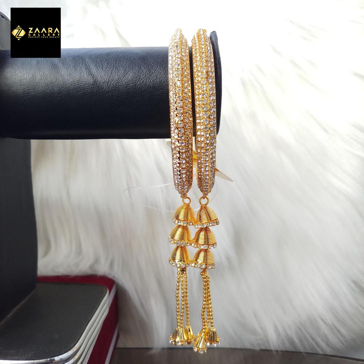 Picture of Gorgeous Stone Metal Jhumka Bangles for Women (Golden) (Imported) M-JS630G - 2 Pieces - Bangles for Women - Bangles - চুড়ি