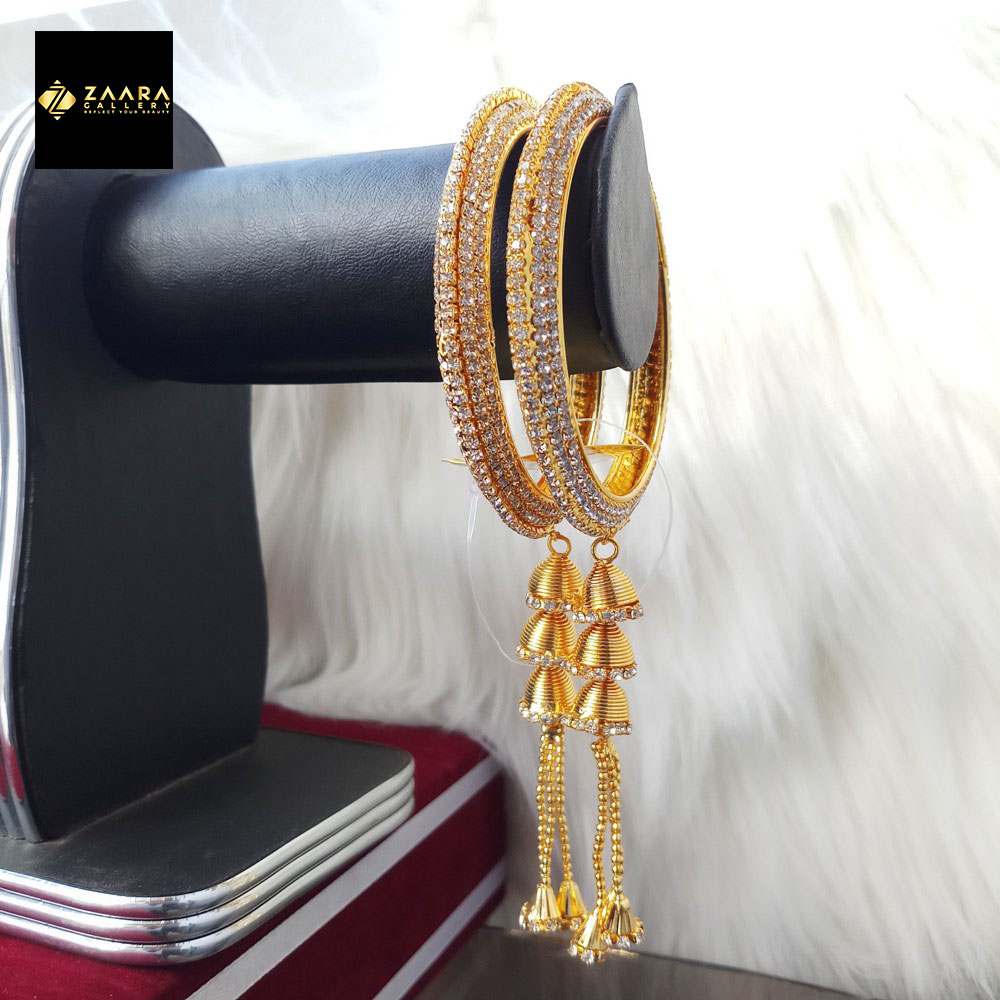 Picture of Gorgeous Stone Metal Jhumka Bangles for Women (Golden) (Imported) M-JS630G - 2 Pieces - Bangles for Women - Bangles - চুড়ি