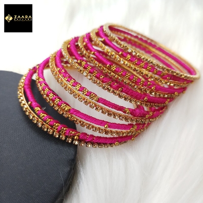Picture of Silk Thread, Stone and Metal Bangles for Women (Magenta) (Imported) - 12 Pieces M-SKTB1014MAGENTA - Bangles