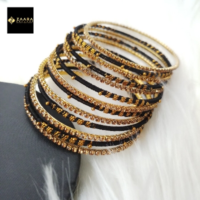 Picture of Silk Thread, Stone and Metal Bangles for Women (Black) (Imported) - 12 Pieces M-SKTB1010BLACK - Bangles