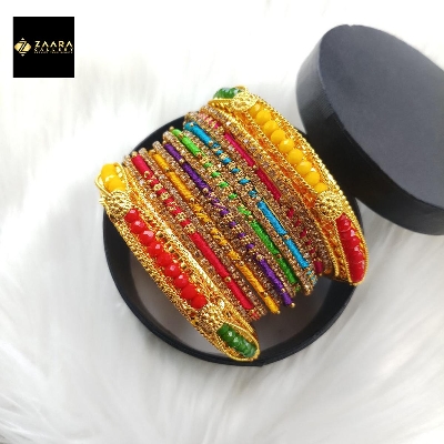 Picture of Multi-color Crystal Beads, Silk Thread, Stone & Metal Bangles (Imported) for Women M-CSB814 - 14 Pieces Set - Bangles