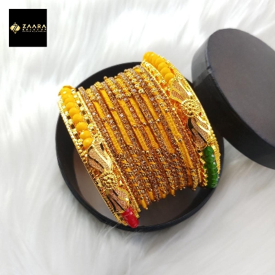Picture of Yellow Crystal Beads, Silk Thread, Stone & Metal Bangles for Women (Imported) M-CSB823 - 14 Pieces Set - Bangles - Bangles for Women