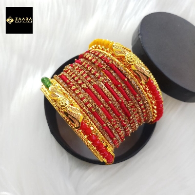 Picture of Red Crystal Beads, Silk Thread, Stone & Metal Bangles For Women (Imported) M-CSB821 - 14 Pieces Set - Bangles