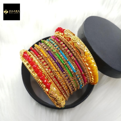 Picture of Multi-color Crystal Beads, Silk Thread, Stone & Metal Bangles for Women (Imported) M-CSB820 - 14 Pieces Set
