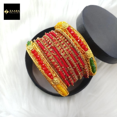 Picture of Multi-color Crystal Beads, Silk Thread, Stone & Metal Bangles for Women (Imported) M-CSB810 - 14 Pieces Set