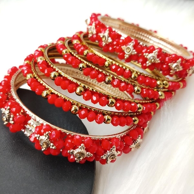Picture of Exclusive Red Crystal Beads Metal Bangles for Women (Imported) M-CB209 - 6 Pieces - Bangles - Bangles for Women - চুড়ি