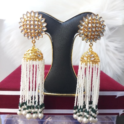 Picture of Jaypuri White Stone and Beads Multicolor Jhumka Earrings For Women (Imported) - 1 Pair M-JE570 - Earrings For Women - Earrings - Juhmka Ear Rings