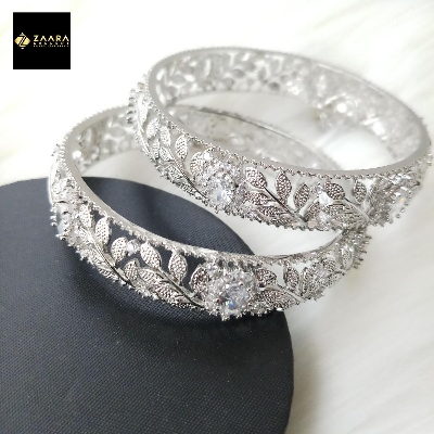 Picture of Diamond Cut AD Stone (White) Silver and Golden Color Bangles for Women (Imported) M-DCB511W - 2 Pieces - Bangles - চুড়ি