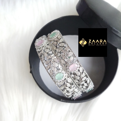 Picture of Diamond Cut AD Stone (White) Silver and Golden Color Bangles for Women (Imported) M-DCB511W - 2 Pieces - Bangles - চুড়ি