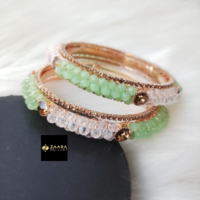 Picture of Mint/ Light Green and White Crystal Beads & Metal Bangles for Women (Imported) - 2 Pieces M-CB832 - Bangles - Bangles for Girls - Bangles for Women - চুড়ি