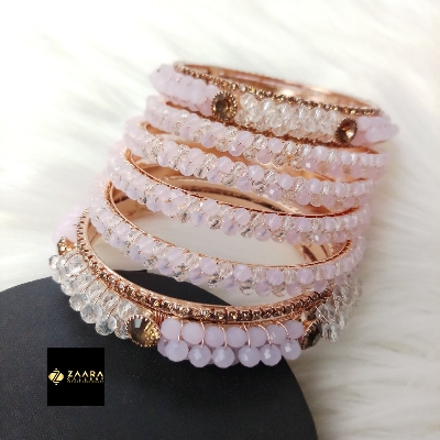 Picture of Pink & White Crystal Beads & Metal Bangles (Imported) for Women 6 Pieces M-CB834 - Bangles