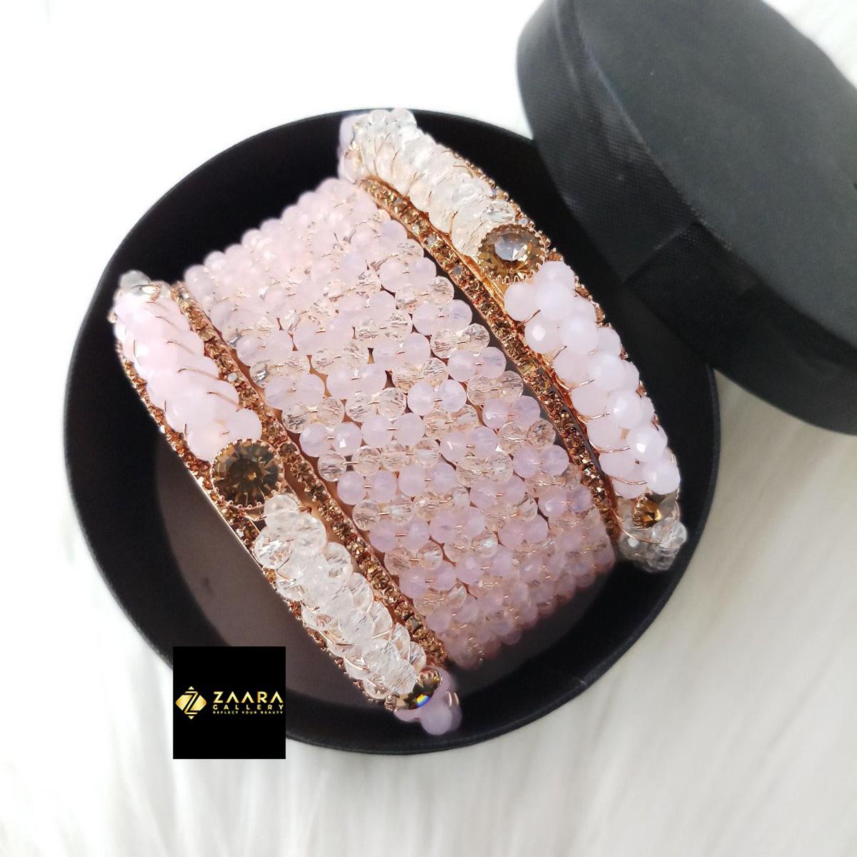 Picture of Pink & White Crystal Beads & Metal Bangles (Imported) for Women 6 Pieces M-CB834 - Bangles