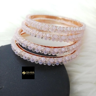 Picture of Pink & White Crystal Beads & Metal Bangles for Women (Imported) 4 Pieces Model-CB833 - Bangles