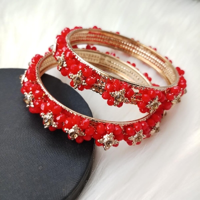 Picture of Red Crystal Beads Metal Bangles for Women (Imported) M-CB211R - 2 Pieces - Bangles - Bangles for Women - চুড়ি