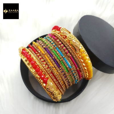 Picture of Multicolor Crystal Beads, Silk Thread, Stone & Metal Bangles (Imported) for Women 14 Pieces Set M-CSB824 - Bangles