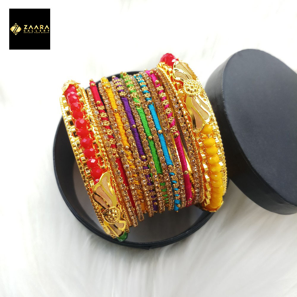 Picture of Multicolor Crystal Beads, Silk Thread, Stone & Metal Bangles (Imported) for Women 14 Pieces Set M-CSB824 - Bangles