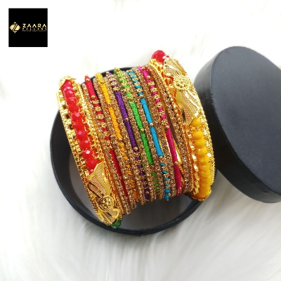 Picture of Multicolor Crystal Beads, Silk Thread, Stone & Metal Bangles (Imported) for Women 14 Pieces Set M-CSB824 - Bangles