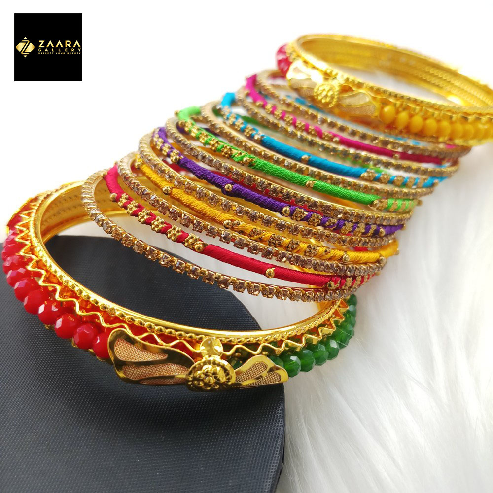 Picture of Multicolor Crystal Beads, Silk Thread, Stone & Metal Bangles (Imported) for Women 14 Pieces Set M-CSB824 - Bangles