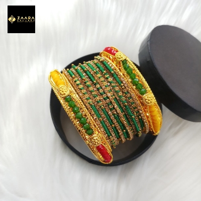 Picture of Green Crystal Beads, Silk Thread, Stone & Metal Bangles (Imported) for Women 14 Pieces Set M-CSB812 - Bangles