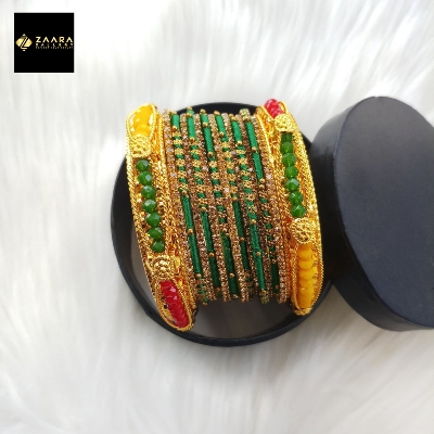 Picture of Green Crystal Beads, Silk Thread, Stone & Metal Bangles (Imported) for Women 14 Pieces Set M-CSB812 - Bangles