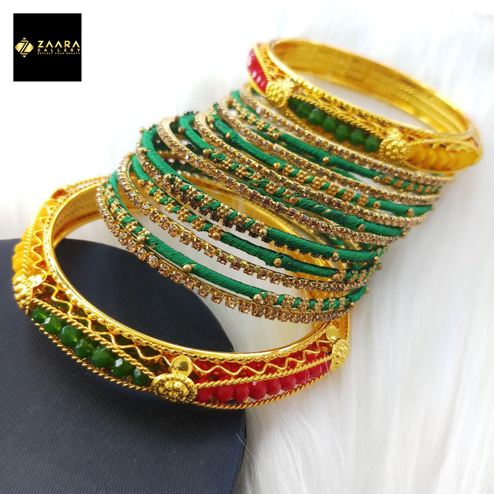 Picture of Green Crystal Beads, Silk Thread, Stone & Metal Bangles (Imported) for Women 14 Pieces Set M-CSB812 - Bangles