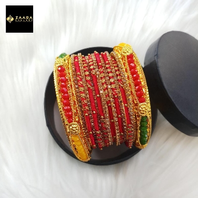 Picture of Red Crystal Beads, Silk Thread, Stone & Metal Bangles (Imported) for Women M-CSB811 - 14 Pieces Set