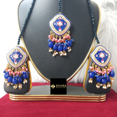 Picture of Jaypuri Meenakari Earrings & Tikli Set for Women and Girls (Blue) (Imported) M-JME9711 - Earring - Earrings for Women