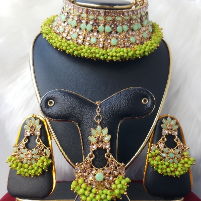 Picture of Imported Gorgeous Wedding/ Party Bridal Choker Necklace Earrings Tikli Set for Women & Girls M-P999GREEN - Necklace for Women and Girls