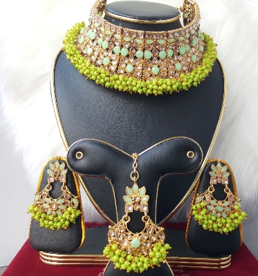Picture of Imported Gorgeous Wedding/ Party Bridal Choker Necklace Earrings Tikli Set for Women & Girls M-P999GREEN - Necklace for Women and Girls