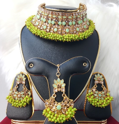 Picture of Imported Gorgeous Wedding/ Party Bridal Choker Necklace Earrings Tikli Set for Women & Girls M-P999GREEN - Necklace for Women and Girls