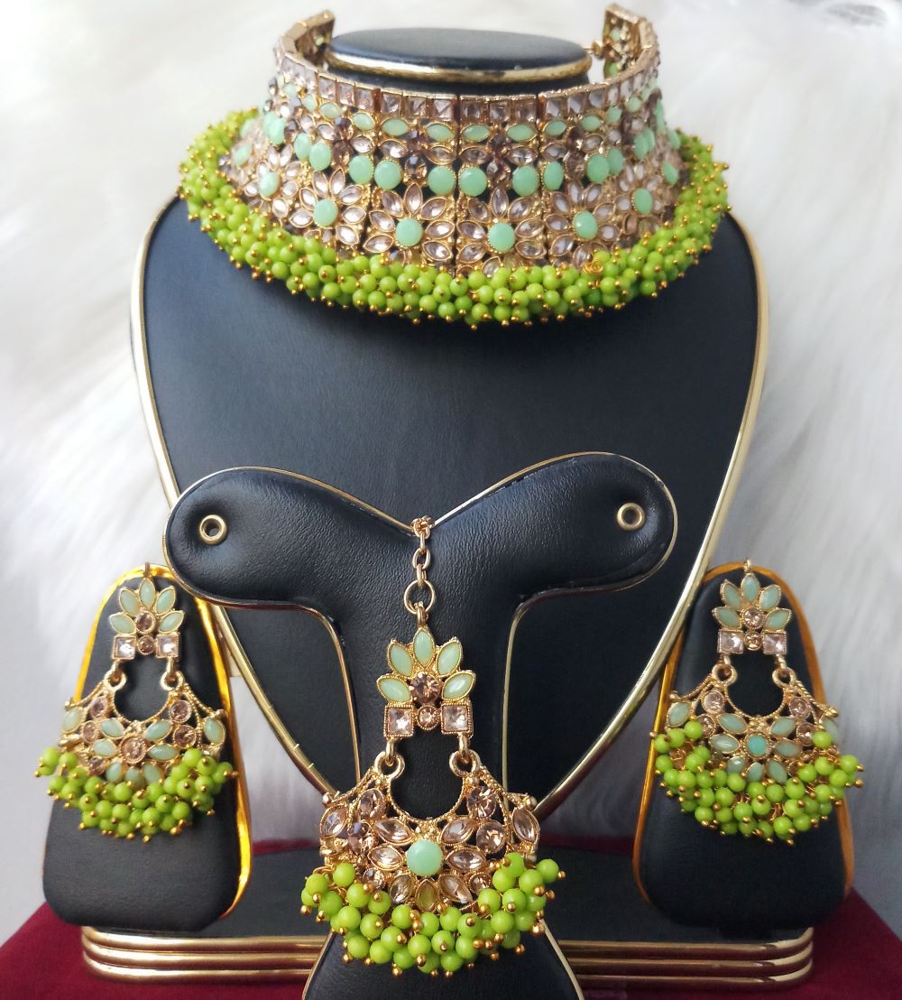 Picture of Imported Gorgeous Wedding/ Party Bridal Choker Necklace Earrings Tikli Set for Women & Girls M-P999GREEN - Necklace for Women and Girls