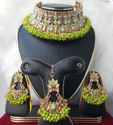 Picture of Imported Gorgeous Wedding/ Party Bridal Choker Necklace Earrings Tikli Set for Women & Girls M-P999GREEN - Necklace for Women and Girls