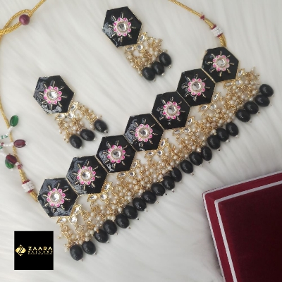 Picture of Jaypuri Meenakari Black Necklace and Earrings Set for Women (Imported) M-JMN04 - Necklace for Women - Necklace Earrings Set