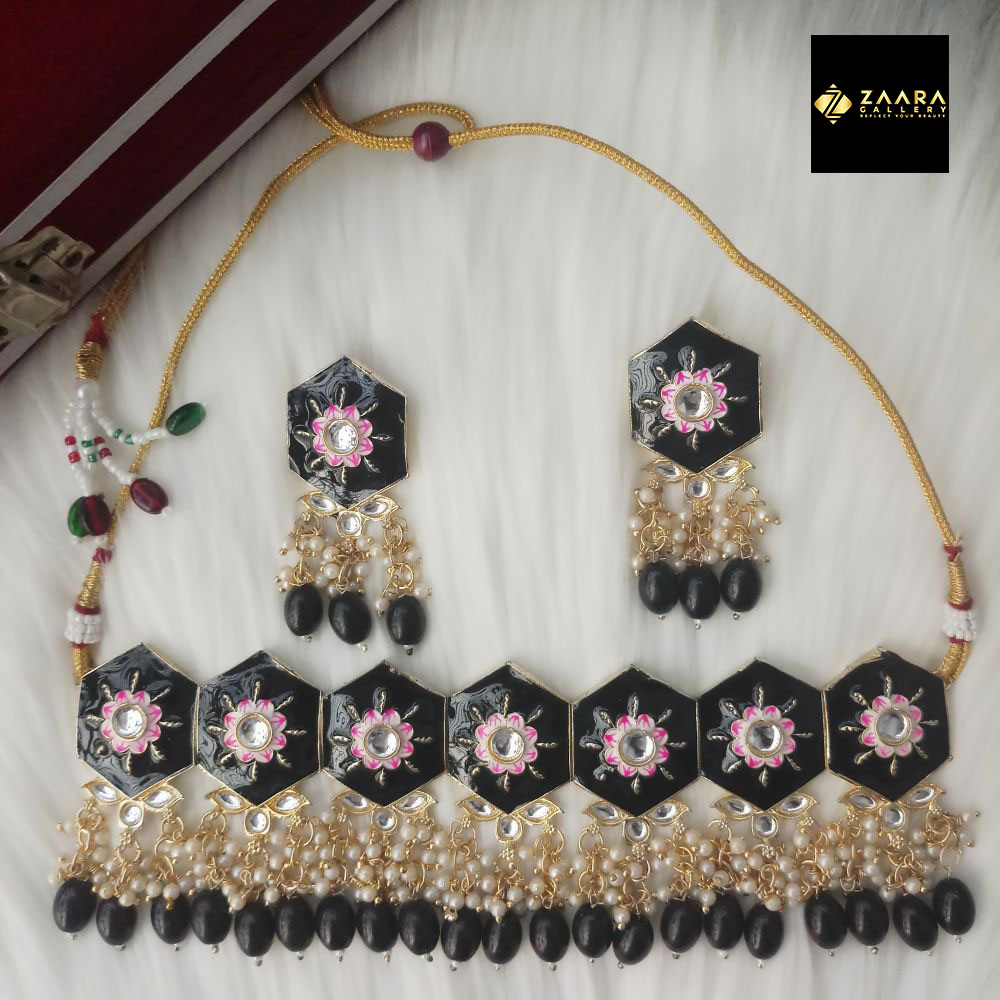 Picture of Jaypuri Meenakari Black Necklace and Earrings Set for Women (Imported) M-JMN04 - Necklace for Women - Necklace Earrings Set