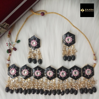Picture of Jaypuri Meenakari Black Necklace and Earrings Set for Women (Imported) M-JMN04 - Necklace for Women - Necklace Earrings Set