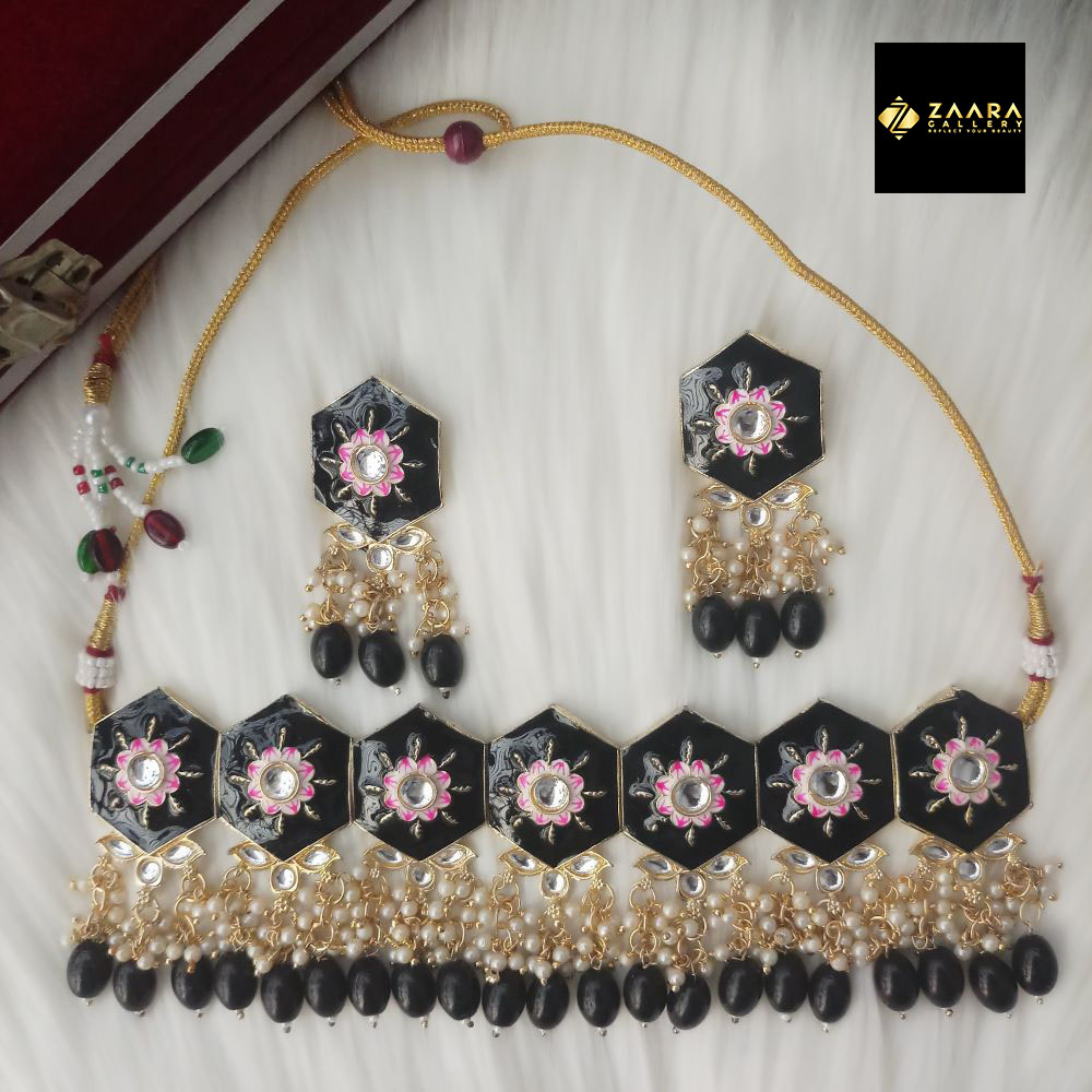 Picture of Jaypuri Meenakari Black Necklace and Earrings Set for Women (Imported) M-JMN04 - Necklace for Women - Necklace Earrings Set