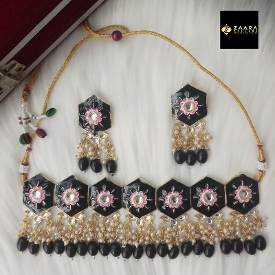 Picture of Jaypuri Meenakari Black Necklace and Earrings Set for Women (Imported) M-JMN04 - Necklace for Women - Necklace Earrings Set