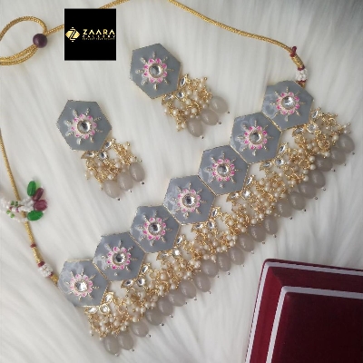 Picture of Jaypuri Meenakari Dark Grey/Dark Ash Necklace and Earrings Set for Women & Girls (Imported) M-JMN02 - Necklace for Women - Necklace Earrings Set