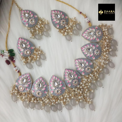 Picture of Jaypuri Meenakari Dark Grey/Dark Ash Necklace, Earrings & Tikli Set for Women (Imported) M-JMN03 - Necklace for Women - Necklace Tikli Earrings Set