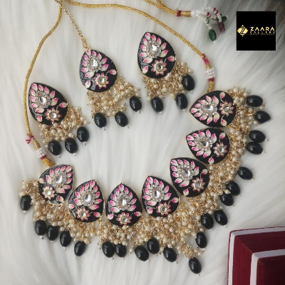 Picture of Jaypuri Meenakari Black Necklace, Earrings Set for Women & Girls (Imported) M-JMN05 - Necklace for Women - Necklace Tikli Earrings Set