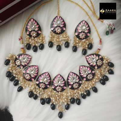 Picture of Jaypuri Meenakari Black Necklace, Earrings Set for Women & Girls (Imported) M-JMN05 - Necklace for Women - Necklace Tikli Earrings Set