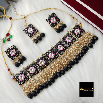 Picture of Jaypuri Meenakari Black Necklace, Earrings & Tikli Set for Women & Girls (Imported) M-JMN06 - Necklace for Women - Necklace Tikli Earrings Set