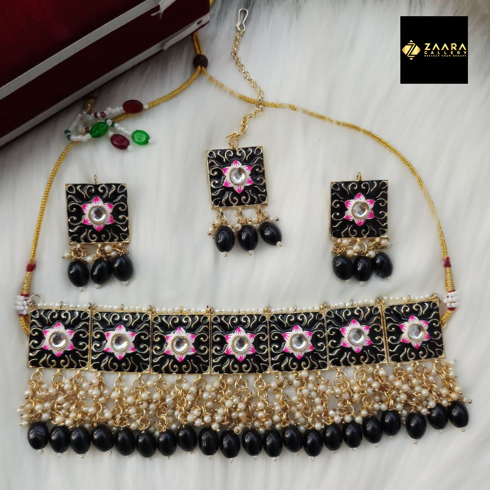 Picture of Jaypuri Meenakari Black Necklace, Earrings & Tikli Set for Women & Girls (Imported) M-JMN06 - Necklace for Women - Necklace Tikli Earrings Set
