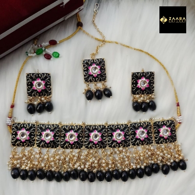 Picture of Jaypuri Meenakari Black Necklace, Earrings & Tikli Set for Women & Girls (Imported) M-JMN06 - Necklace for Women - Necklace Tikli Earrings Set