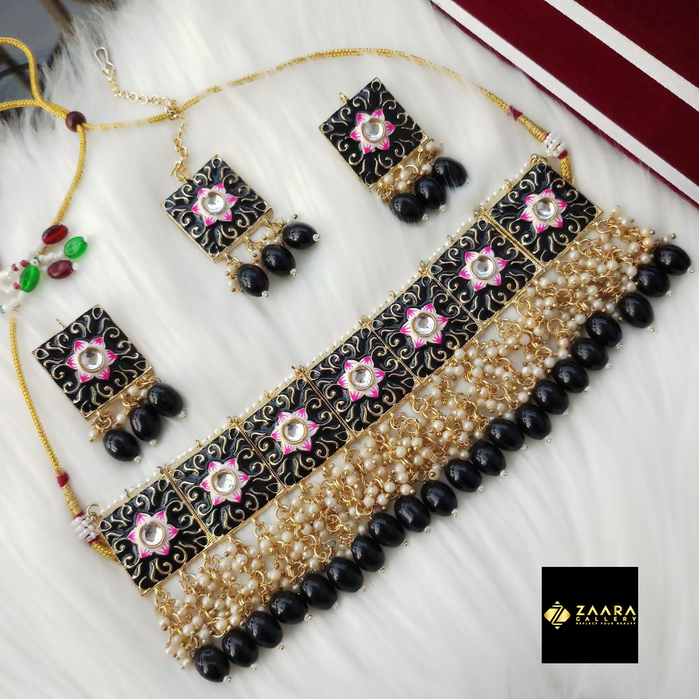 Picture of Jaypuri Meenakari Black Necklace, Earrings & Tikli Set for Women & Girls (Imported) M-JMN06 - Necklace for Women - Necklace Tikli Earrings Set
