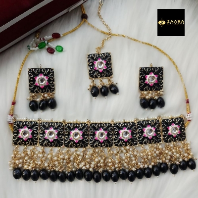 Picture of Jaypuri Meenakari Black Necklace, Earrings & Tikli Set for Women & Girls (Imported) M-JMN06 - Necklace for Women - Necklace Tikli Earrings Set
