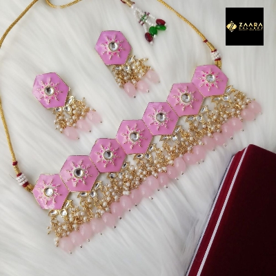 Picture of Jaypuri Meenakari Pink Necklace & Earrings Set for Women & Girls (Imported) M-JMN08 - Necklace for Women - Necklace Earrings Set