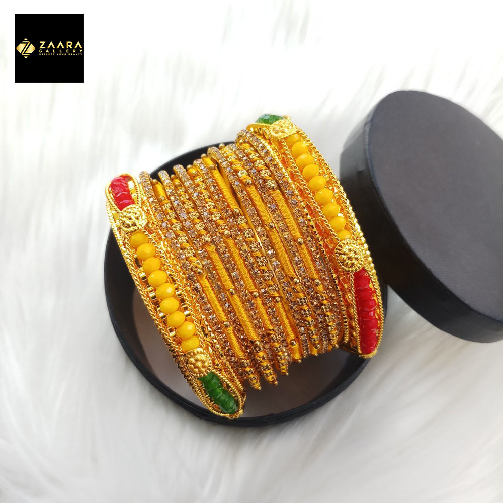 Picture of Yellow Crystal Beads, Silk Thread, Stone & Metal Bangles for Women (Imported) M-CSB813 - 14 Pieces Set - Bangles - Bangles for Women